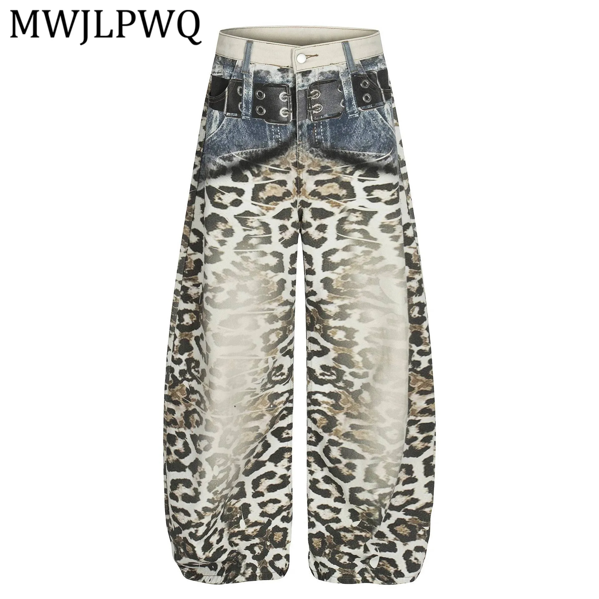 

MWJLPWQ Модные весенне-осенние новые джинсы с леопардовым принтом, мужские, в американском стиле, унисекс, свободные повседневные широкие брюки 22014