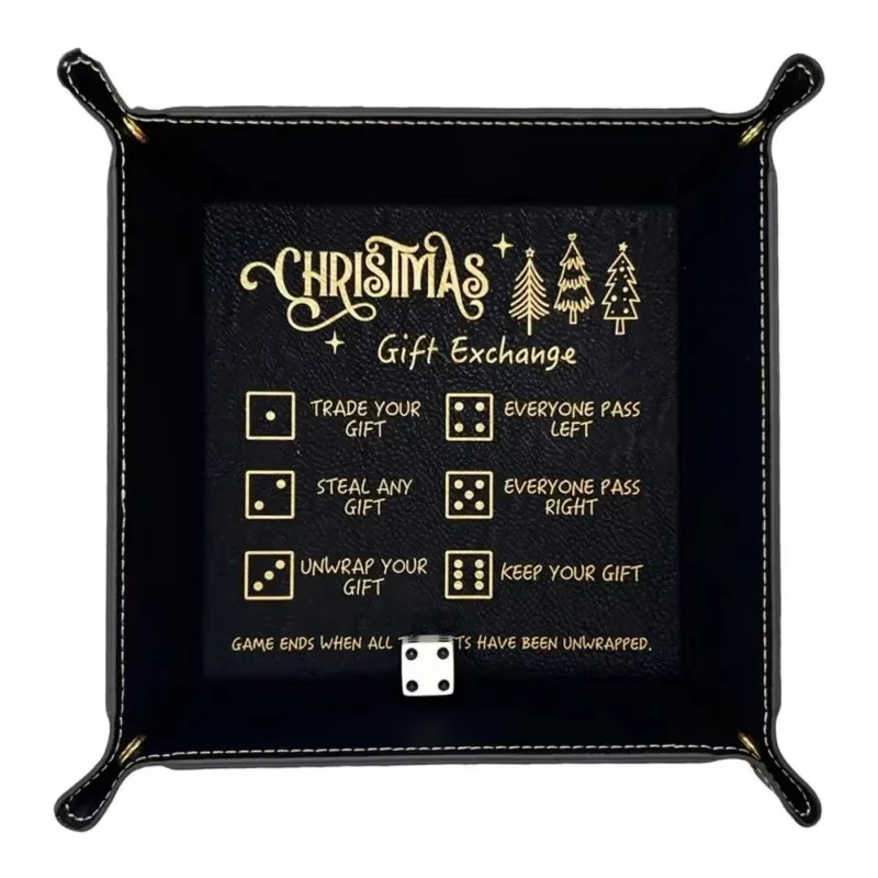 Christmas Dice Tray for Gift Exchange Games Portable Folding Dice Holder Faux Leather Rolling Tray Set Dice Storage Accessories