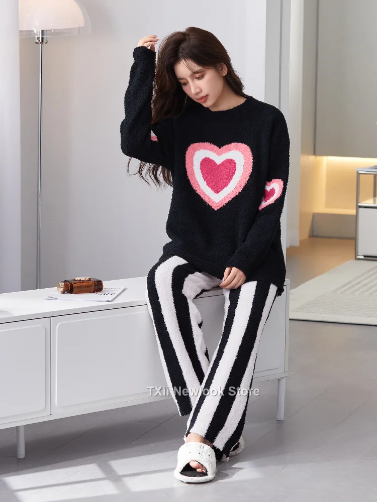 [TXii ]Autumn and Winter New Pajamas Women's Coral Velvet Love Winter Soft Half-side Velvet Home Clothes Thin Velvet Suit