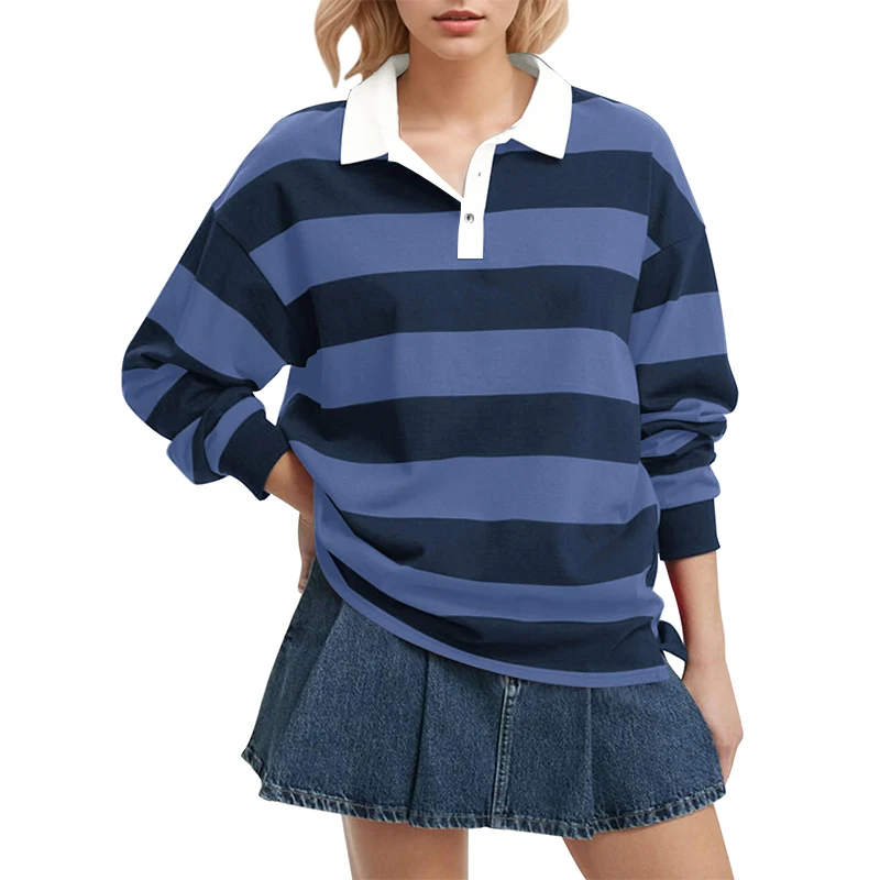 Autumn and Winter Women's Striped Polo Sweatshirt Long Sleeve Contrast Collar Oversized Casual Pullover Top Hip Hop Streetwear