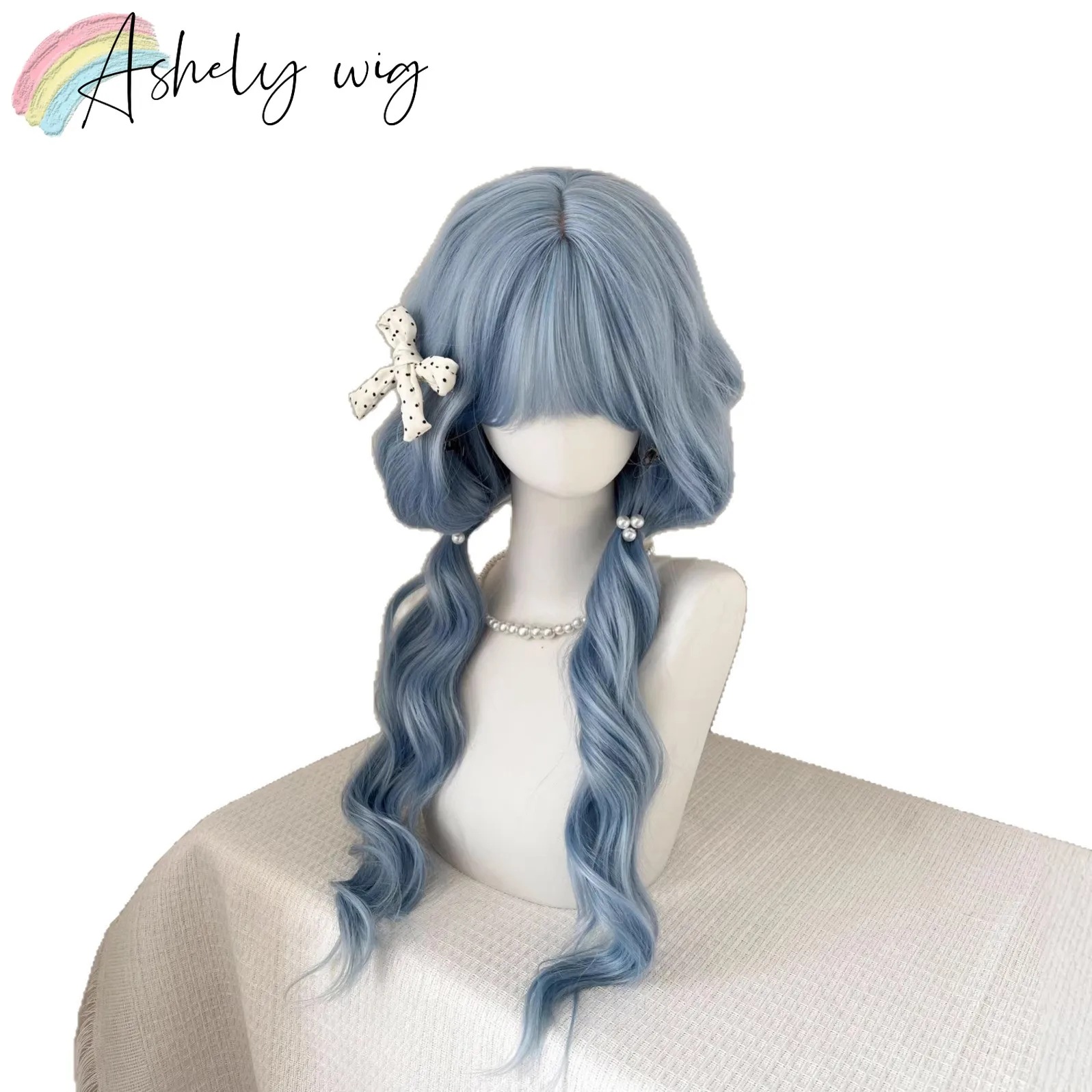 Peluca femenina azul suave con flequillo recto y pelucas de Lolita con ondas de mar, peluca sintética de aspecto Natural de fibras de alta temperatura de 24 pulgadas