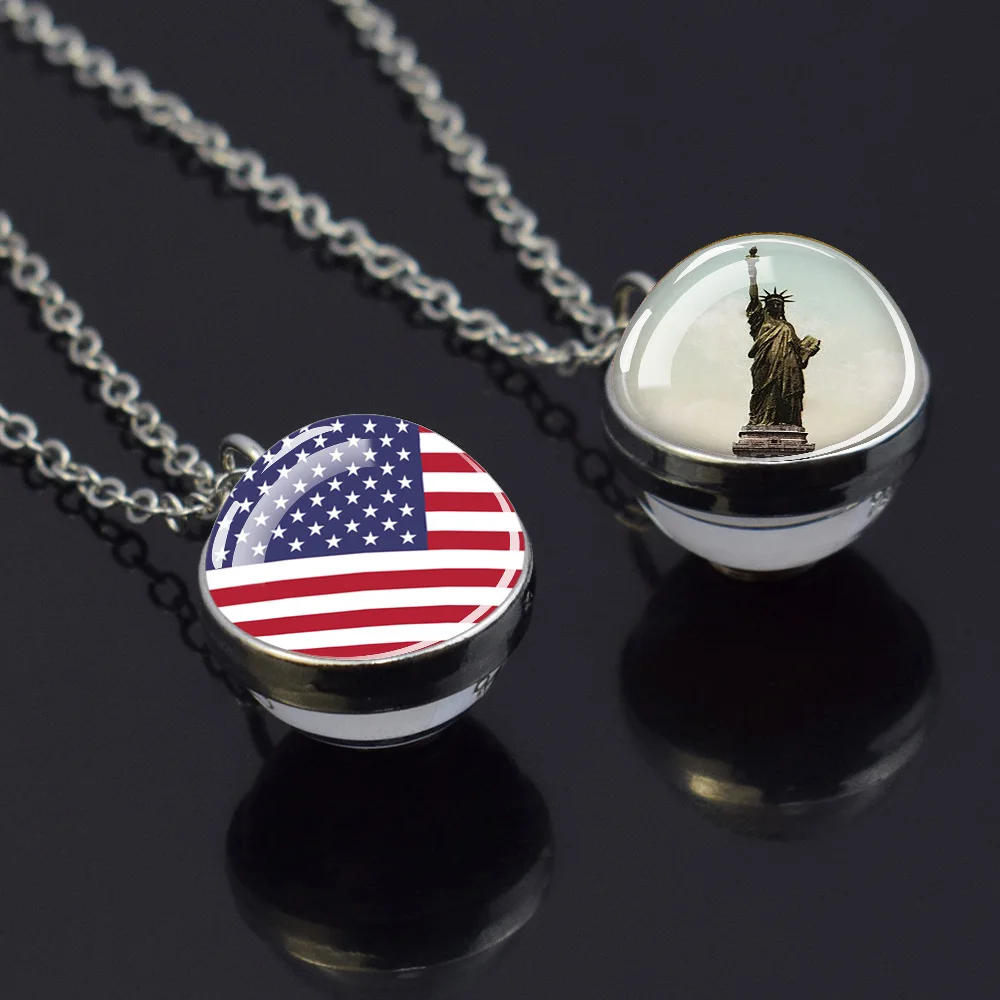 Statue of Liberty Necklaces July Fourth USA Independence Day Jewelry United States Flag Glass Ball Pendant Necklace Men Women