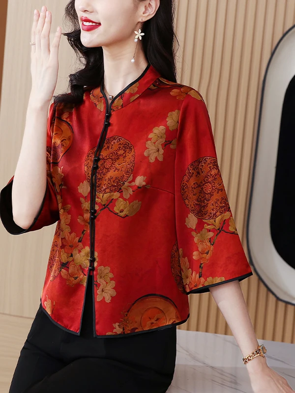 Cardigan aberto feminino de seda primavera verão novo Sle Xiangyun seda sete quartos Sve reformado Tang traje Faionable Mommy...