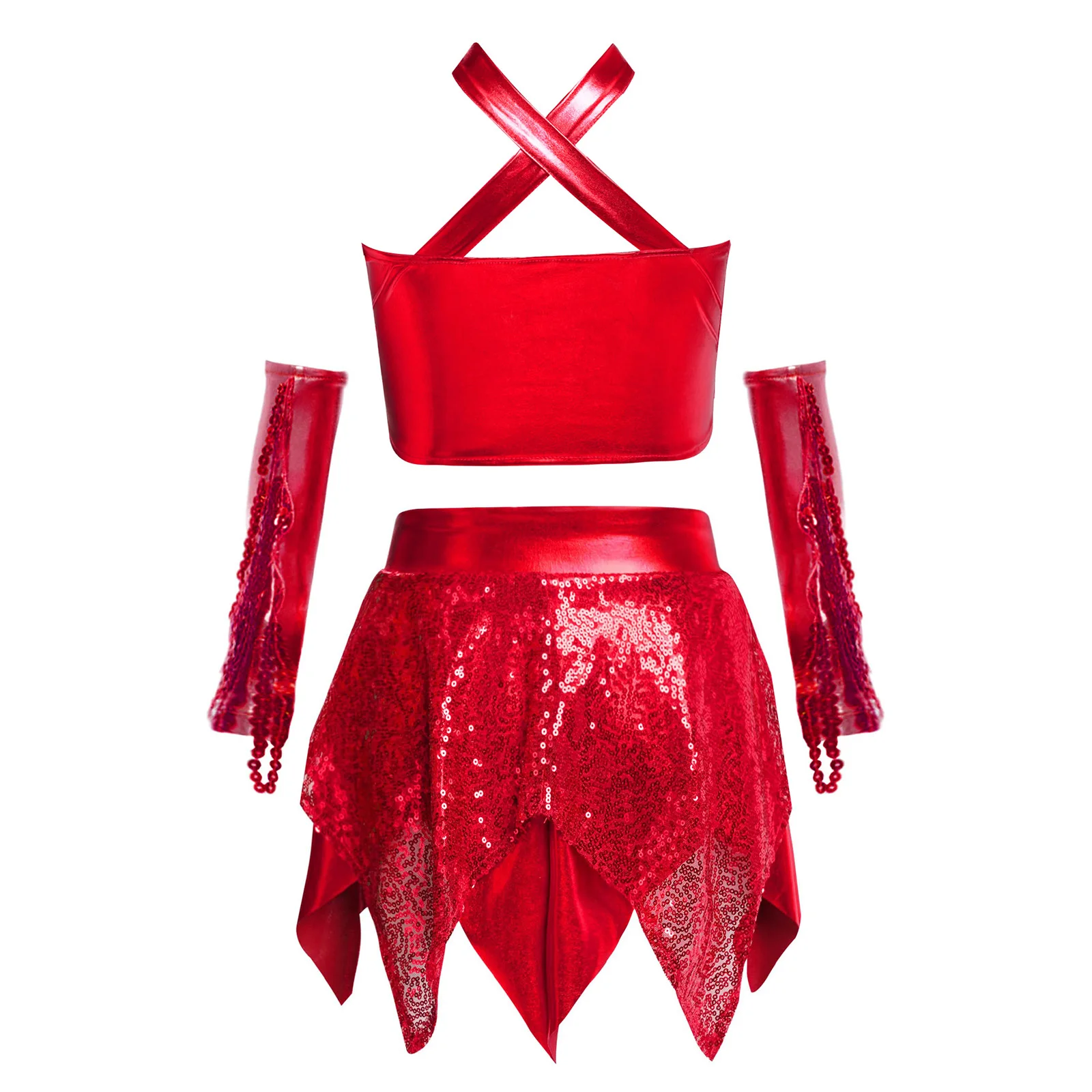 Kinder Mädchen Jazz Dance Kostüm Performance Outfit Skating Latin Dancewear Glitzerndes Pailletten Crop Top mit Rock und Quasten Handschuhen