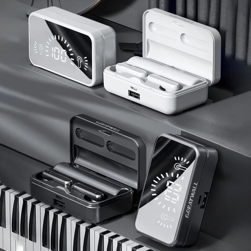 GREATWALL  Mirror  Wireless Bluetooth Headphones HiFi HD Sound Effect Game Earphones Smart Digital Display Charging Cabin