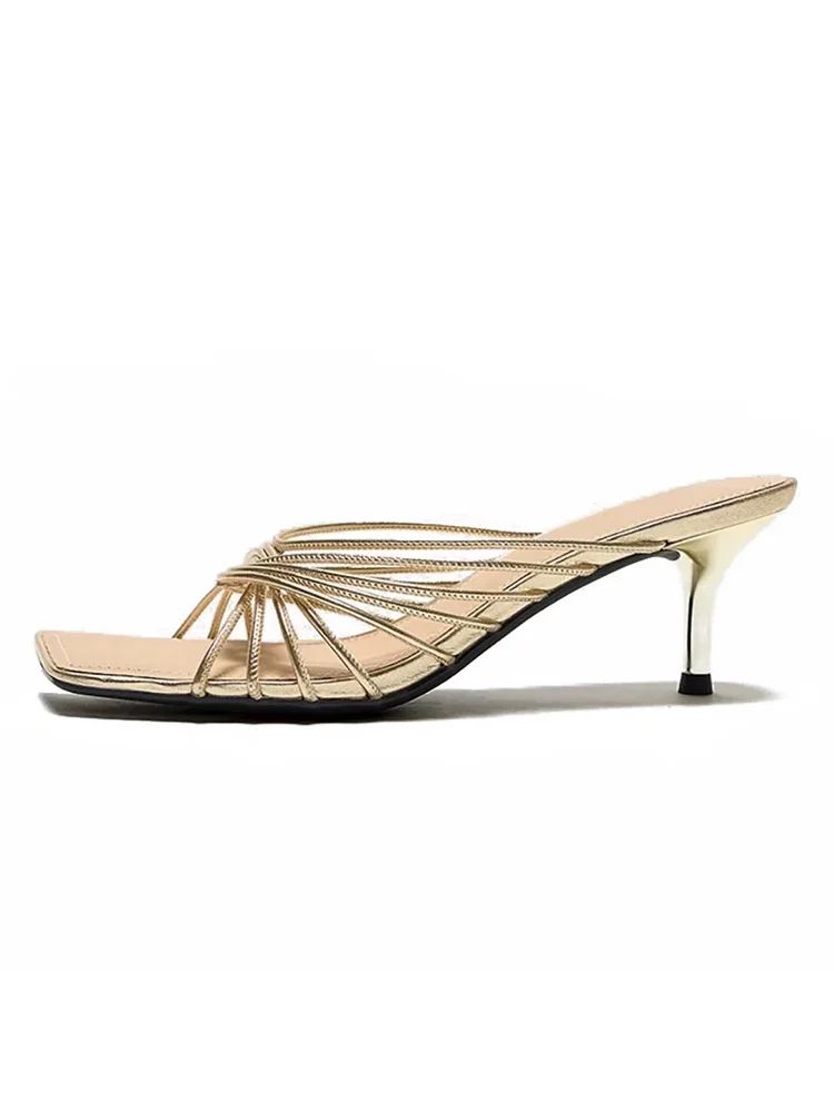 2025 Summer New Cross Straight Belt Golden Cool Slippers Women's High Heels Sexy Outerwear Square Head Roman Sandals