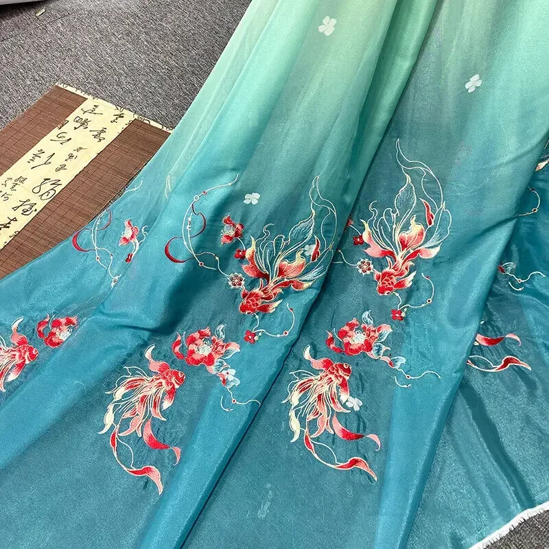 150X100Cm Gradient Color Carp Lotus Embroidery Chiffon Fabric Chinese Hanfu Sewing Costume Shirts Doll Clothing Supplies New