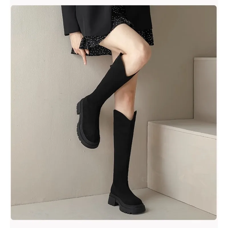 Elegant Women's Boots Knee High Flock Autumn New High-quality V Mouth Office Work Shoes Knight Boot Square Heel Women Shoes