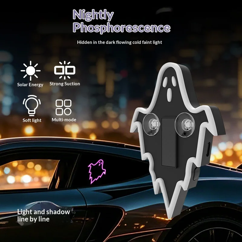 Solar Phantom Triangle Window LED Light – 1Pc Dynamic Halloween Atmosphere Lamp for Car Interior, Spooky Ghost Decoration