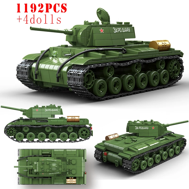 Military World War Russian T-34 KV-1 Heavy Tank Building Blocks WW2 American M4A3 Sherman Stuart Tank Technical Bricks Kids Toys