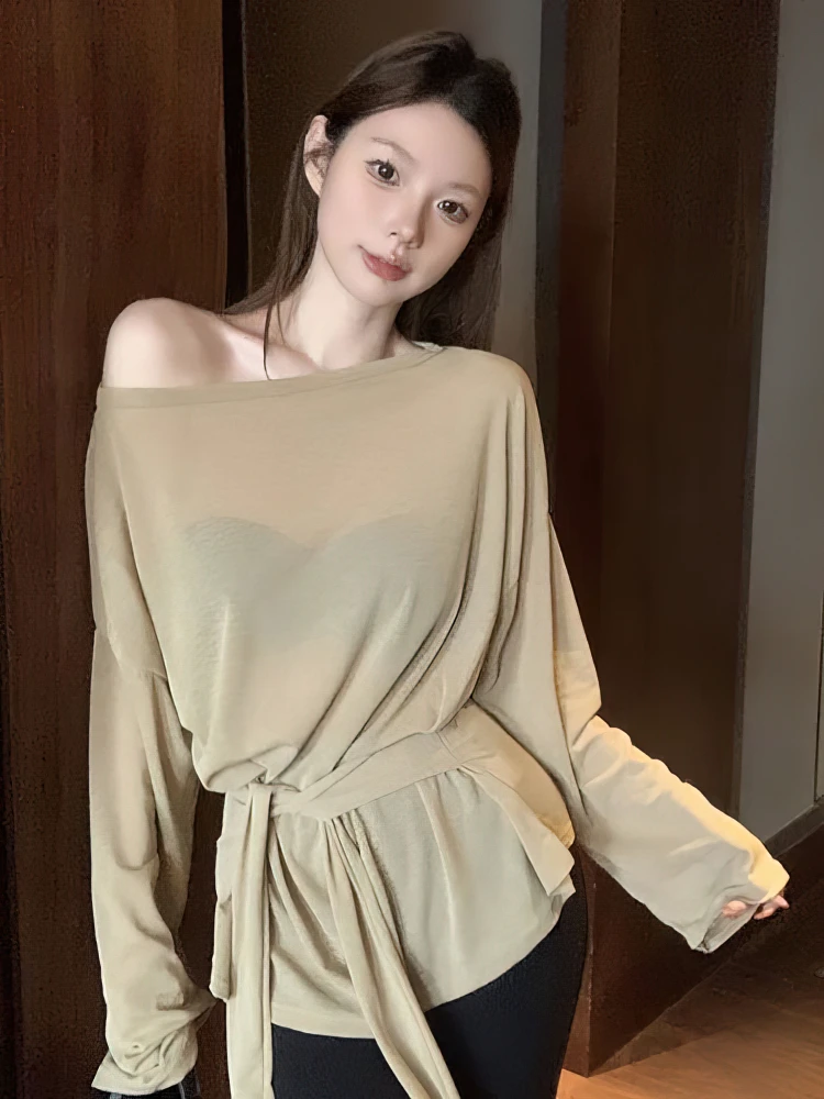Bandage Off Shoulder See Through Long Sleeve T Shirt Women Summer Thin Loose Casual Sunscreen Clothes Oversize Top One Shoulder