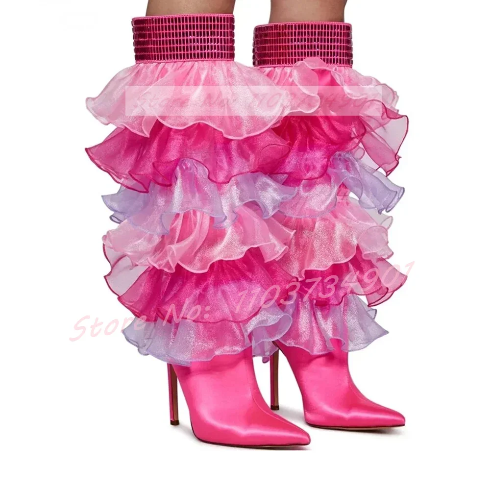 

Розовые сапоги из тюля с сеткой и кристаллами, женские вечерние сапоги на молнии из атласа с острым носком, сапоги до колена на высоком каблуке, женская модная милая повседневная обувь