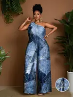 Plus Size Women Oblique Shoulder Wide Leg Jumpsuit, Casual Holiday Romper - Image 3