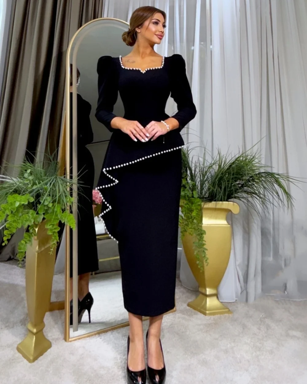 Customized High Quality Elegant Pearl Ruched Straight Square Neck Ankle Length Dresses Bespoke Occasion Dresses Sizes Available