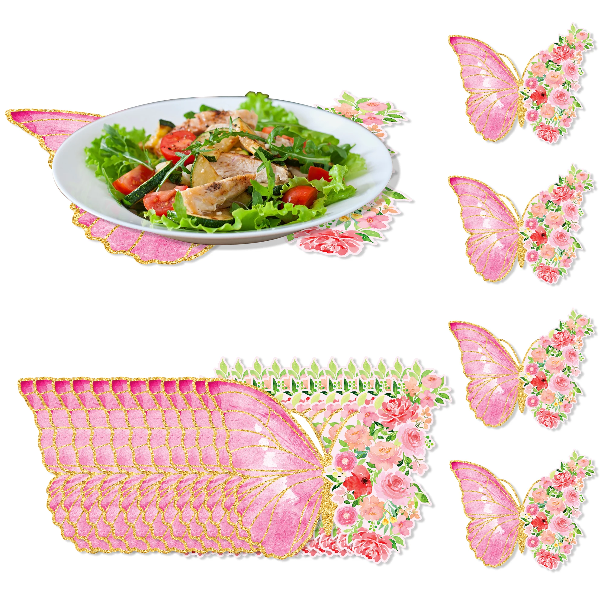 10 Stück Einweg-Tischsets mit Schmetterlings- und Blumenmotiv, Tischsets für den Esstisch, für Geburtstagsdekoration, Hochzeitsfeier, Partyzubehör