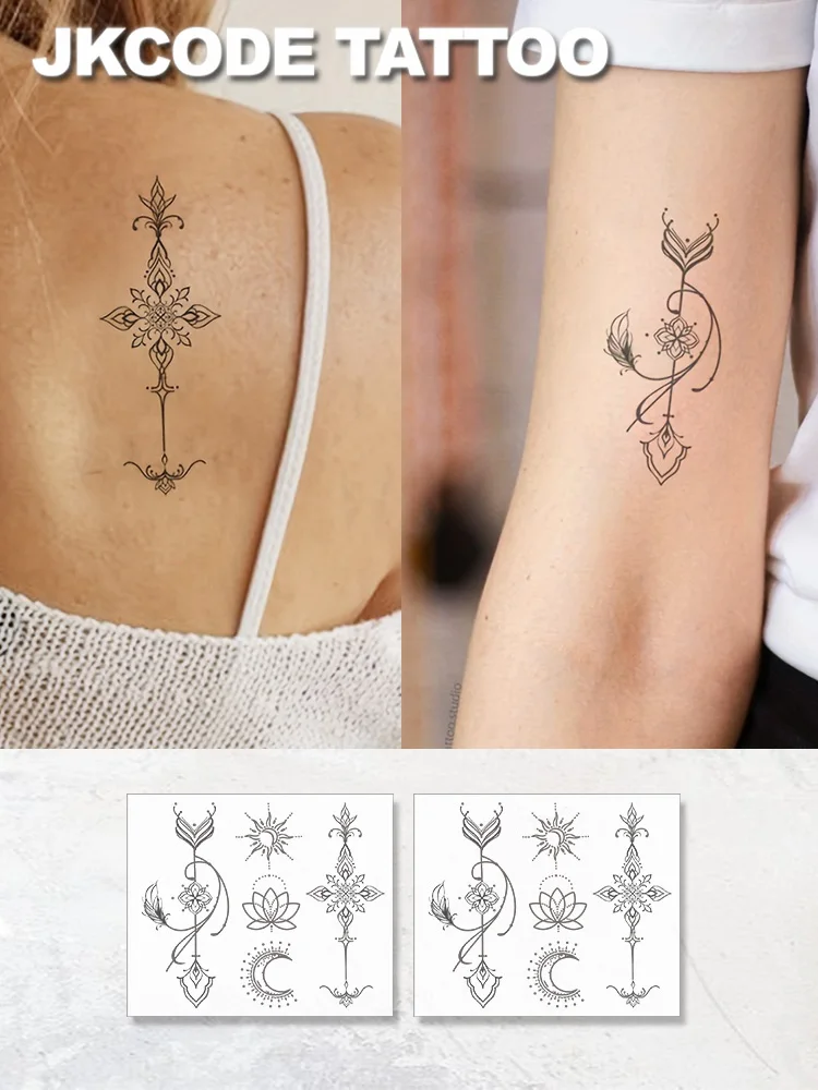 2-Piece Set Sanskrit Symbol Tattoo - Herbal Temporary Tattoo Sanskrit Mysterious Totem - Guardian Bow and Arrow Sun Moon Lotus - Middle Eastern Ramadan Tattoo - Soft and Elegant Style - 3 Types of Line Pattern Tattoos for Women, Suitable for Fingers, Hands, Shoulders, Back, Neck, Dual-Use Tattoo Stickers, Long-Lasting Waterproof for 15 Days