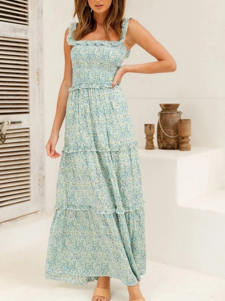 

Long Dresses Women Beach Off Shoulder Dress Female Party Night Ruffle Strapless Dress Ladies Floral Casual Slash Neck Vestidos