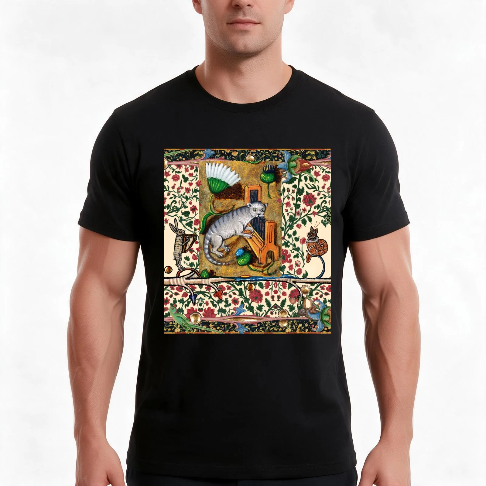 WEIRD MEDIEVAL BESTIARY MAKING MUSIC,Cat Playing Organ,Harpist Rabbit,Snail Cat T-Shirt Summer Casual Cotton Tee 100% Cotton