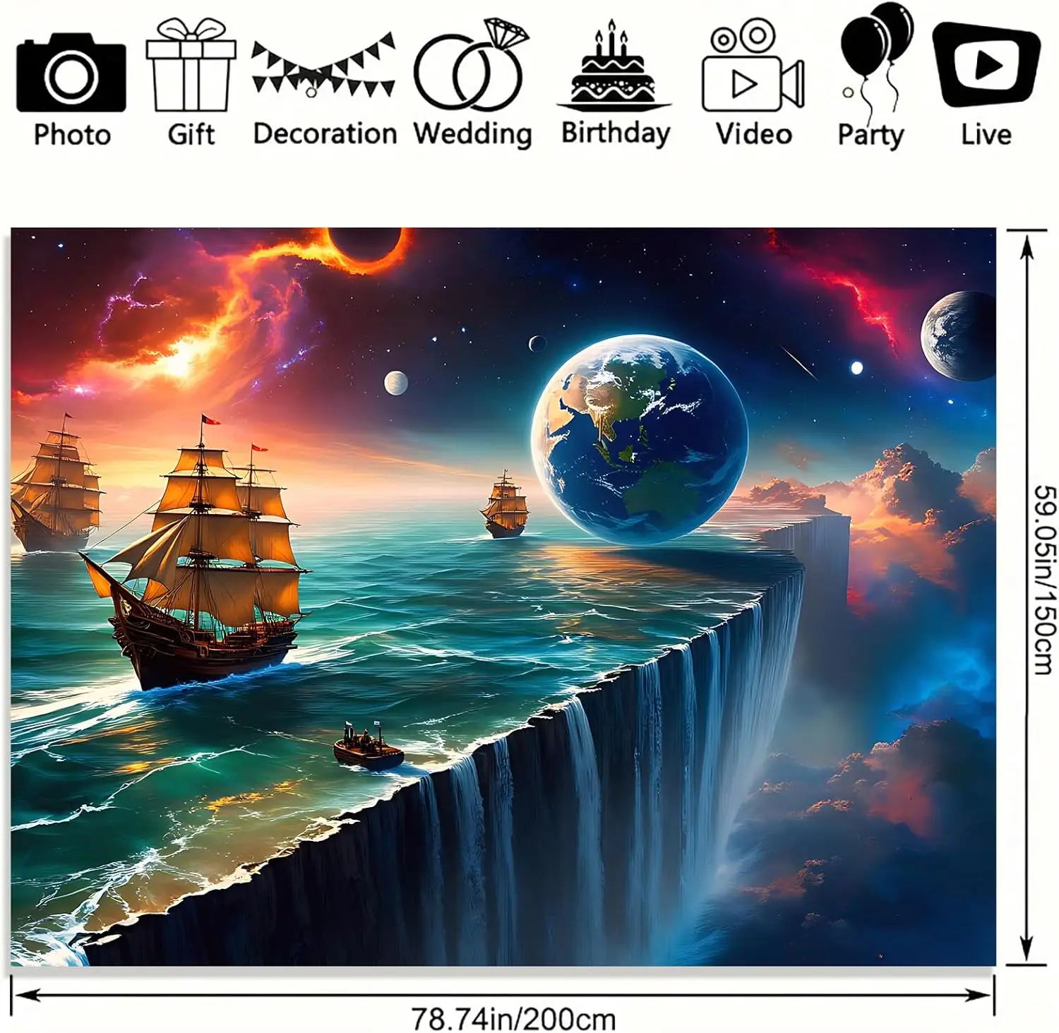 Fantasy Sailing Ship Tapestry,Cosmic Ocean Waterfall Earth Print Large Wall Hanging for Bedroom Living Room Aesthetic Home Decor