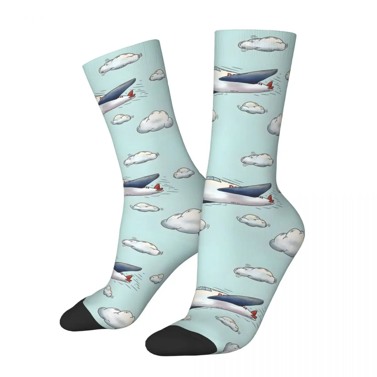 Airplane And Clouds Hand Drawn Mask Kawaii Socks Hiking Cartoon Pattern Socks