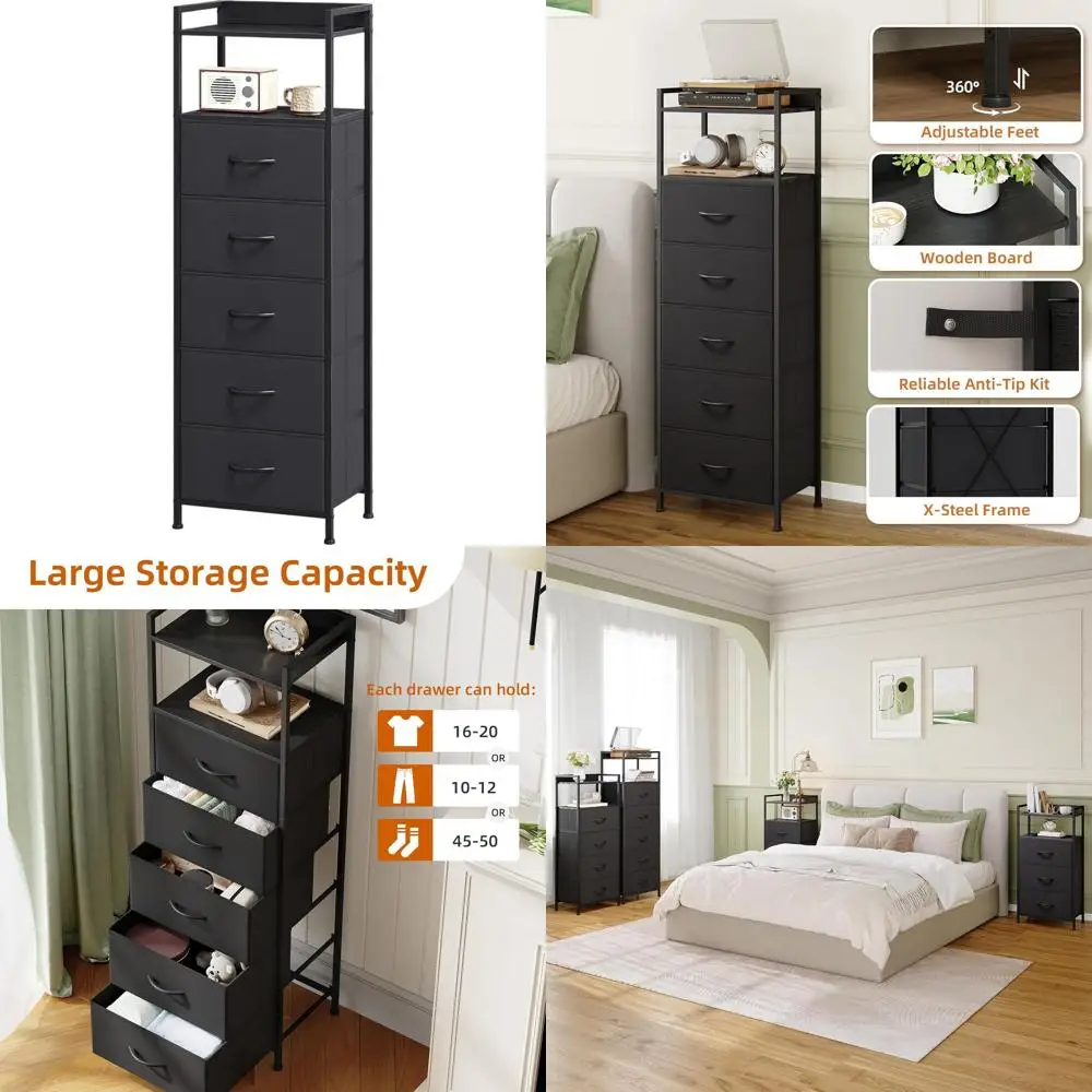 

Black Tall 5-Drawer Nightstand with Fabric Drawer Organizer for Bedroom, Kids' Rooms, Dorms, and Closets