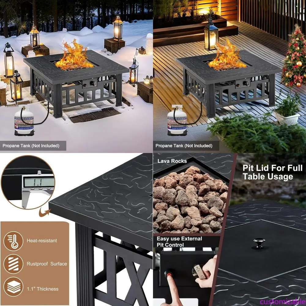

30 Inch Outdoor Propane Gas Fire Table with 50,000 BTU, Square Design, Adjustable Flame, Lava Rocks, and Lid Included