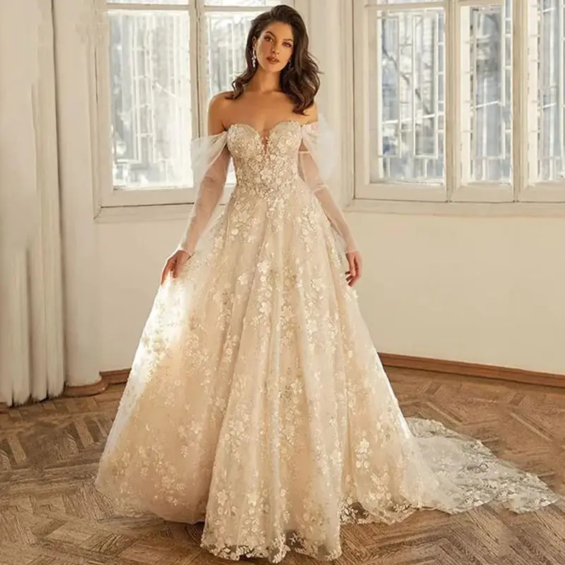 Lorencia novo vestido de casamento de renda de manga longa para noiva plus size 3d apliques vestido de noiva novia robe de casamento yaw44