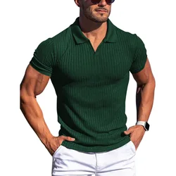 Men's polo vertical bar V-neck polo shirt solid color short-sleeved T-shirt sports leisure high quality fashion men's wear