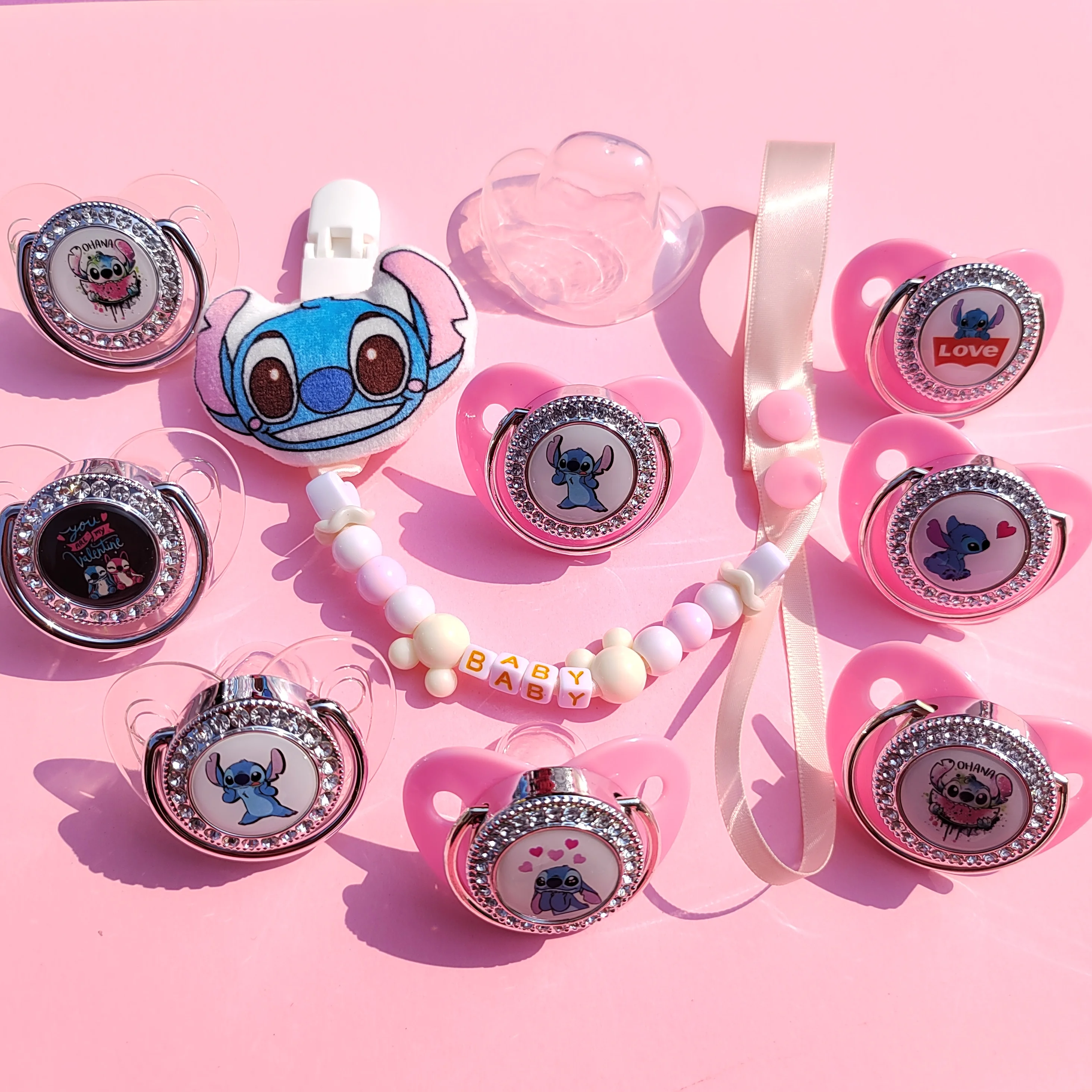 Disney Stitch can be customized beige chain & Pink Pacifier Baby pacifier Seat Rhinotone Sparkling BPA-free silicone pacifier