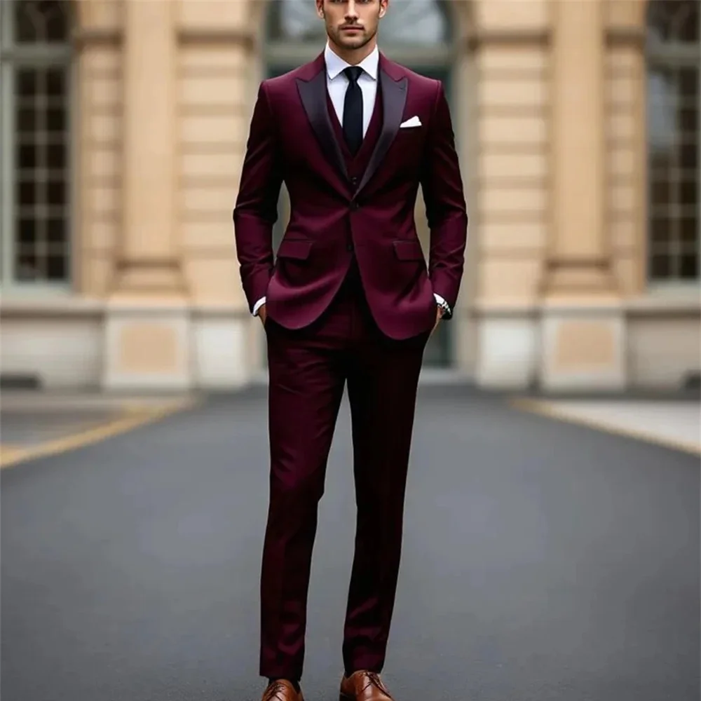 

Men's Dark red 3-Piece Suit Classic Peak Lapel Business Formal Wedding Groom Slim Fit Elegant Gentleman Style Fashion Blazer