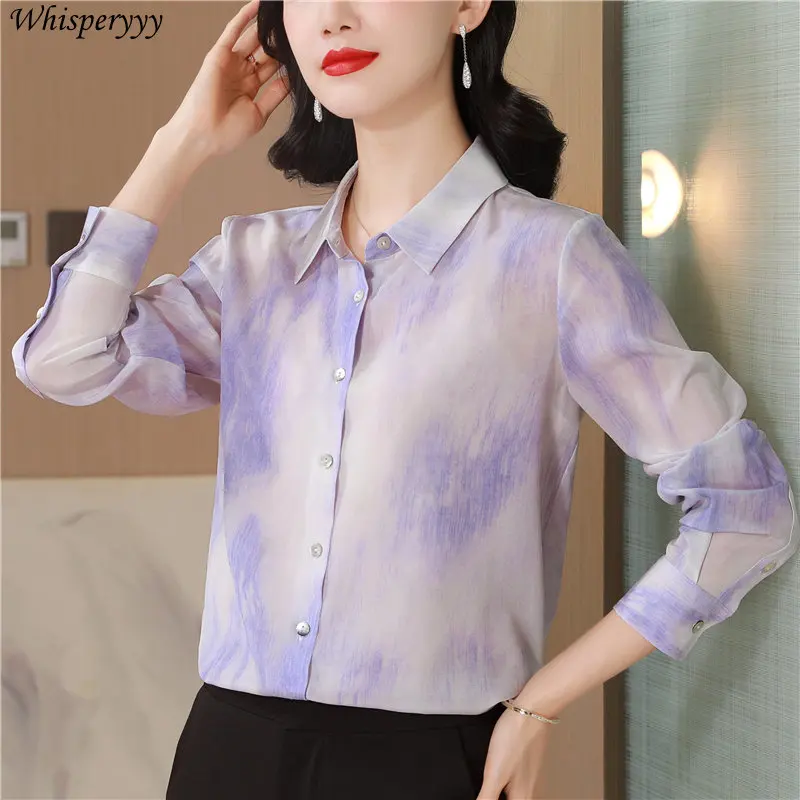 Gradual Blouse Change Lavender Color Women Tops French Printing Mulberry Silk Sand Lapel Long Sleeve Button Shirt Female