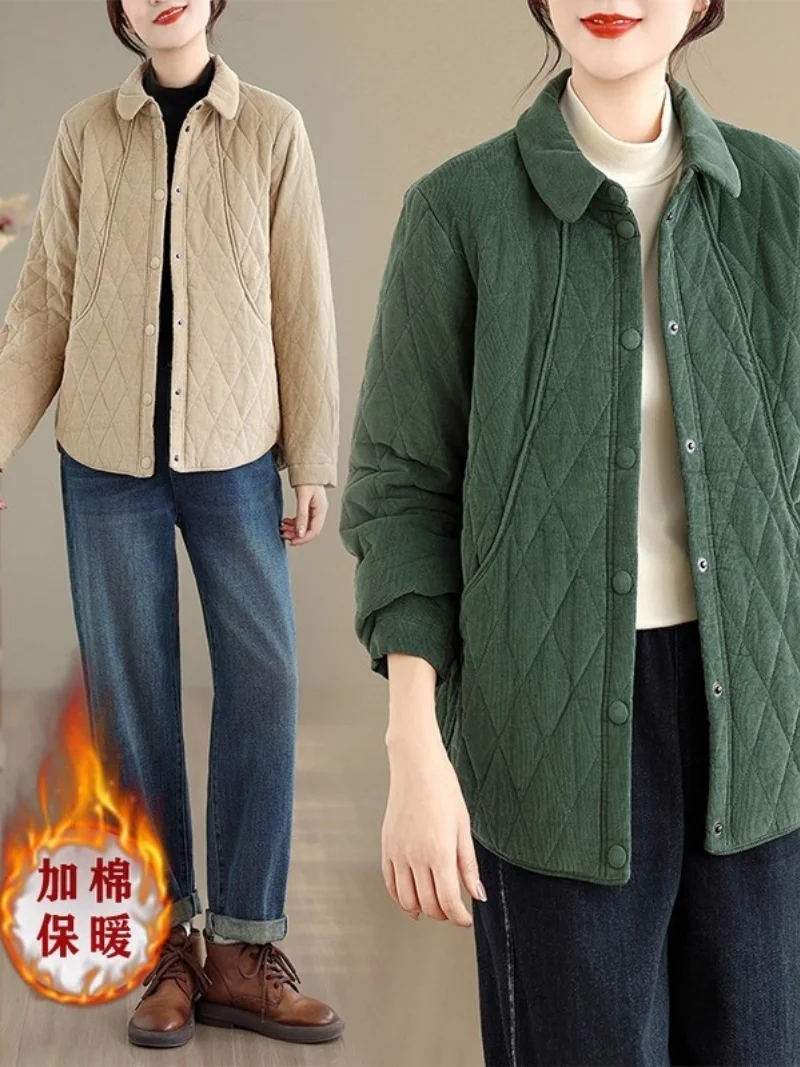 2025 Autumn/Winter Solid Color Buckle Art Versatile Warm Coat Women's Short Chinese Style Thick Quilted Jacket w1009