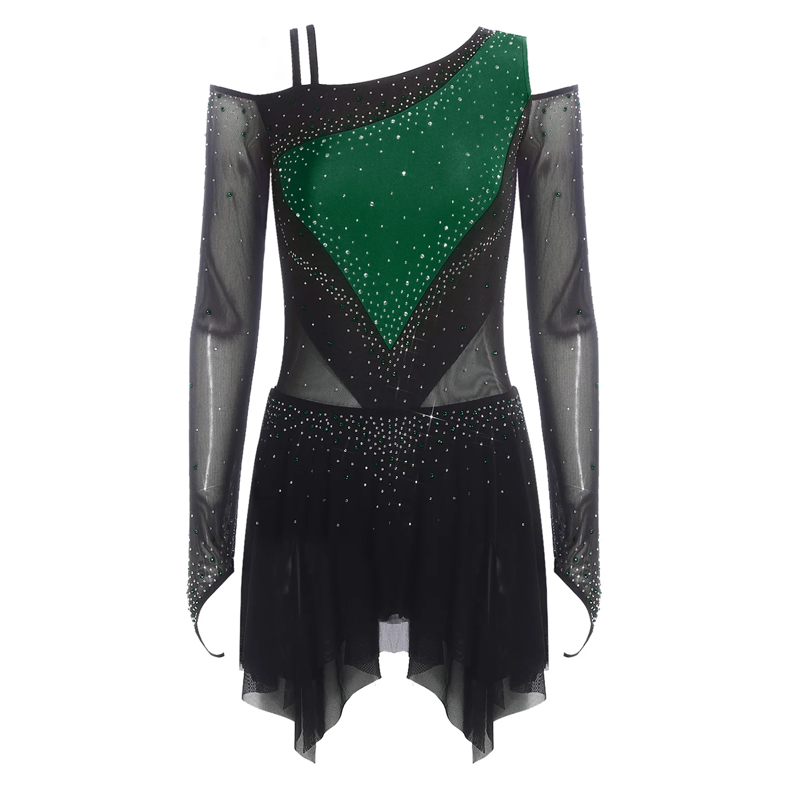 Abito da pattinaggio di figura radiante da donna Spalla asimmetrica Strass di cristallo Abito body con orlo in rete irregolare per spettacoli di danza