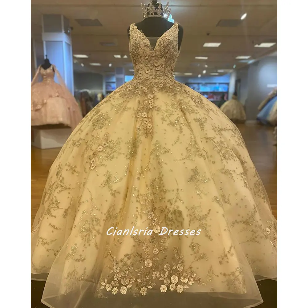 Vestido de fiesta de quinceañera con cuello en V dorado, con apliques florales de cristal, espalda abierta, perlas, sin mangas, 15