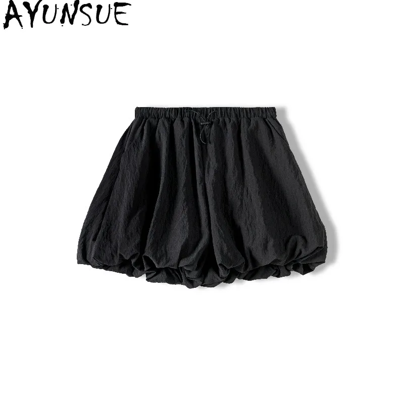 AYUNSUE 76% Silk Women's Shorts Elastic Waist Black Shorts for Woman Summer Casual Shorts Woman Clothes High Quality Шорты