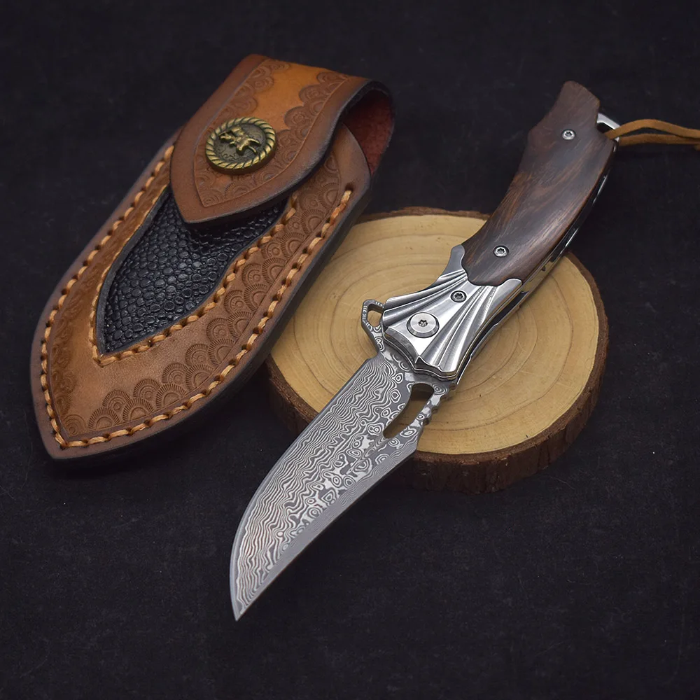 Cuchillo plegable de acero de Damasco con mango de palisandro, herramienta militar portátil para supervivencia, caza, pesca al aire libre, senderismo, novedad, gran oferta
