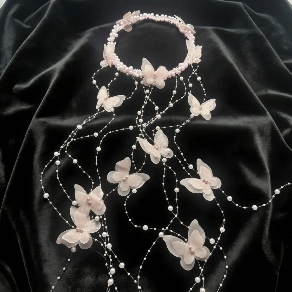 Nouveau style serre-tête long à perles, coiffe vintage à pampilles et papillons, fait main, style bohème, accessoire de cheveux de mariée, pour séance photo de fiançailles
