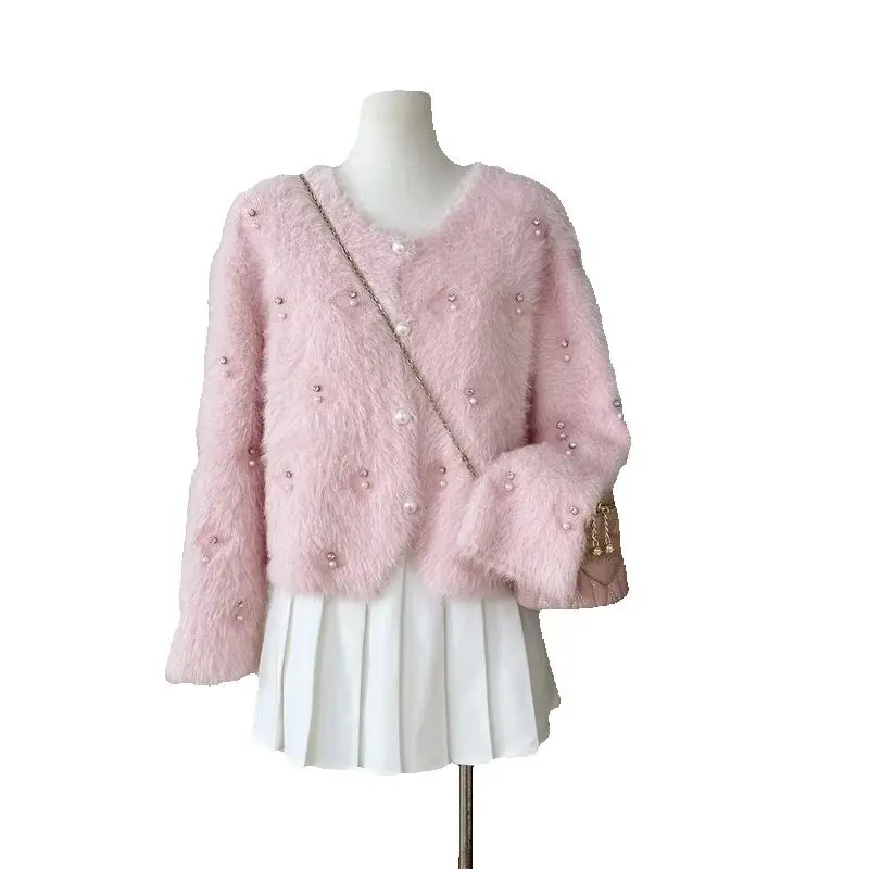 Mink Velvet Pink Sweater Female Wear Autumn and Winter Pure Lust Babes Cropped Tops, Soft Waxy Knitted Cardigans, Wool Jackets