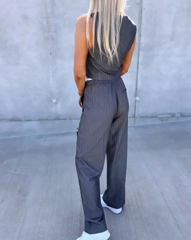 CPSYMYM 두 조각 세트 여성 복장 봄 줄무늬 v 넥 민소매 두꺼운 스트랩 탱크 묶인 세부 작업 스트레이트 바지 세트