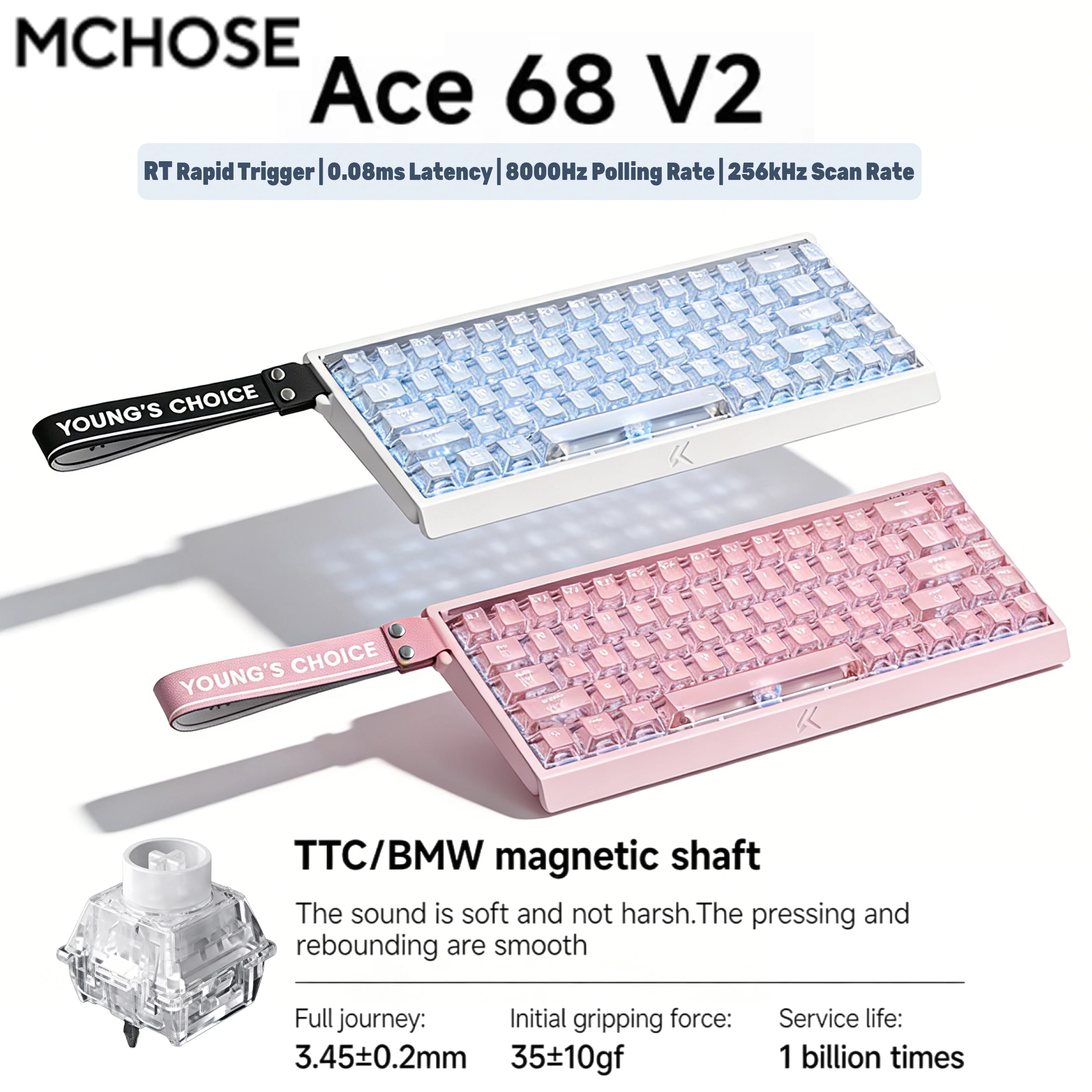 MCHOSE ACE68 V2 gaming keyboard 0.001mm 8KHz Polling Rate 256k scan rate 0.008ms ultralow latency wired TTC Hall sensor keyboard