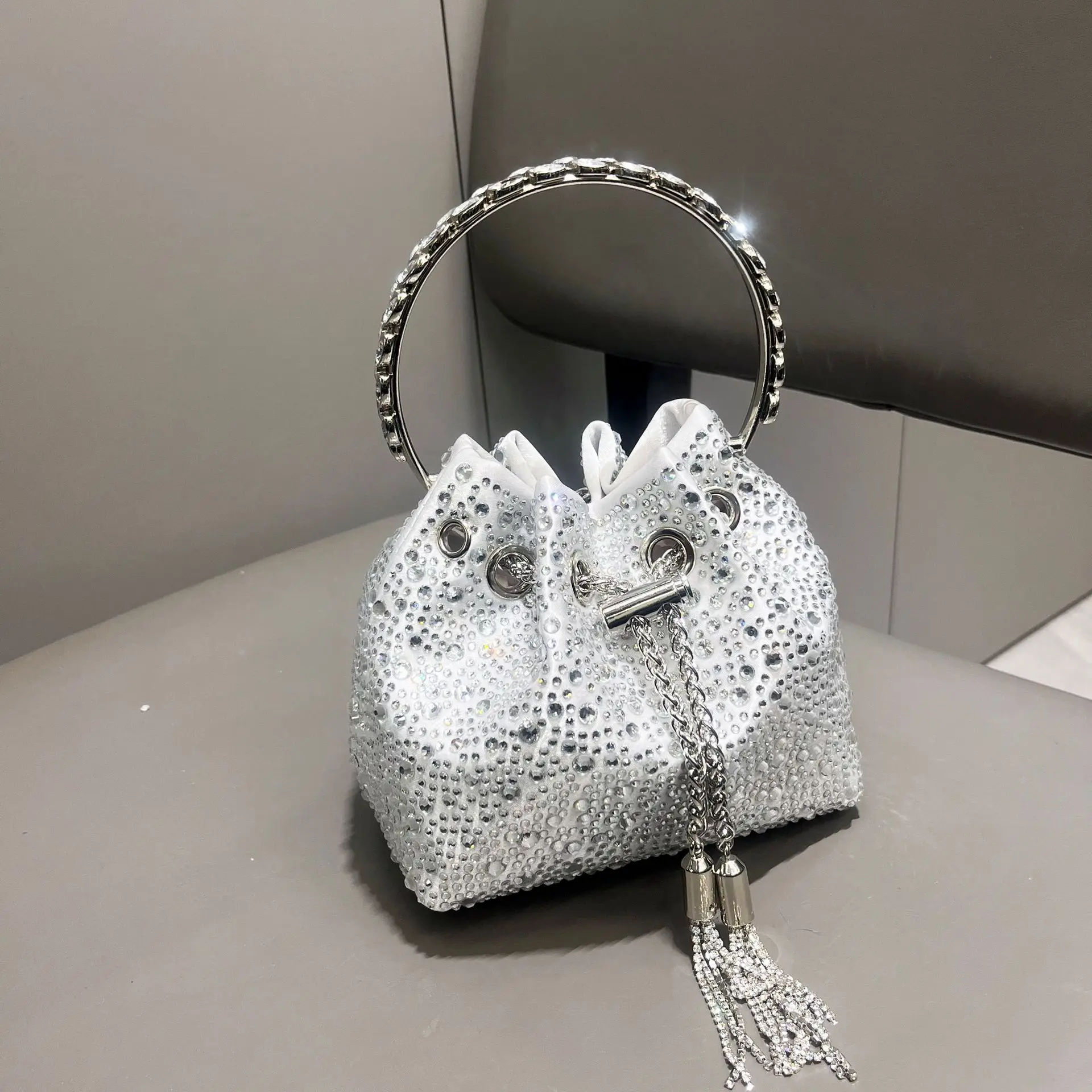 

2026 New Volcanic Stone Ring Bucket Bag, Colorful Drawstring Rhinestone Bag, Women Shoulder Crossbody Handbag