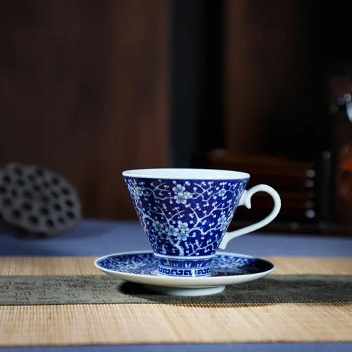 Handmade Hand-Painted Blue and White Plum Kiln Coffee Tea Cup and Saucer Set from Jingdezhen