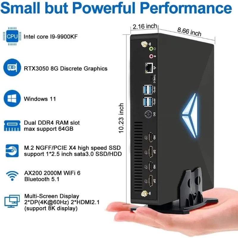【New Arrival】Mini Desktop PC I7 9700F Win 11 Pro Gaming Computer GeForce RTX3050 8G 8K HD X 2 DP X 2 Four Display WiFi6 For Gami view 3