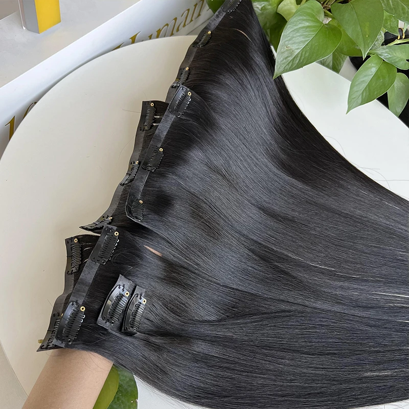 Invisible Seamless Clip Ins Bone Straight Human Hair Unprocessed Raw Hair PU Weft Extensions Full Head 7Pcs/Set Clip on Hair