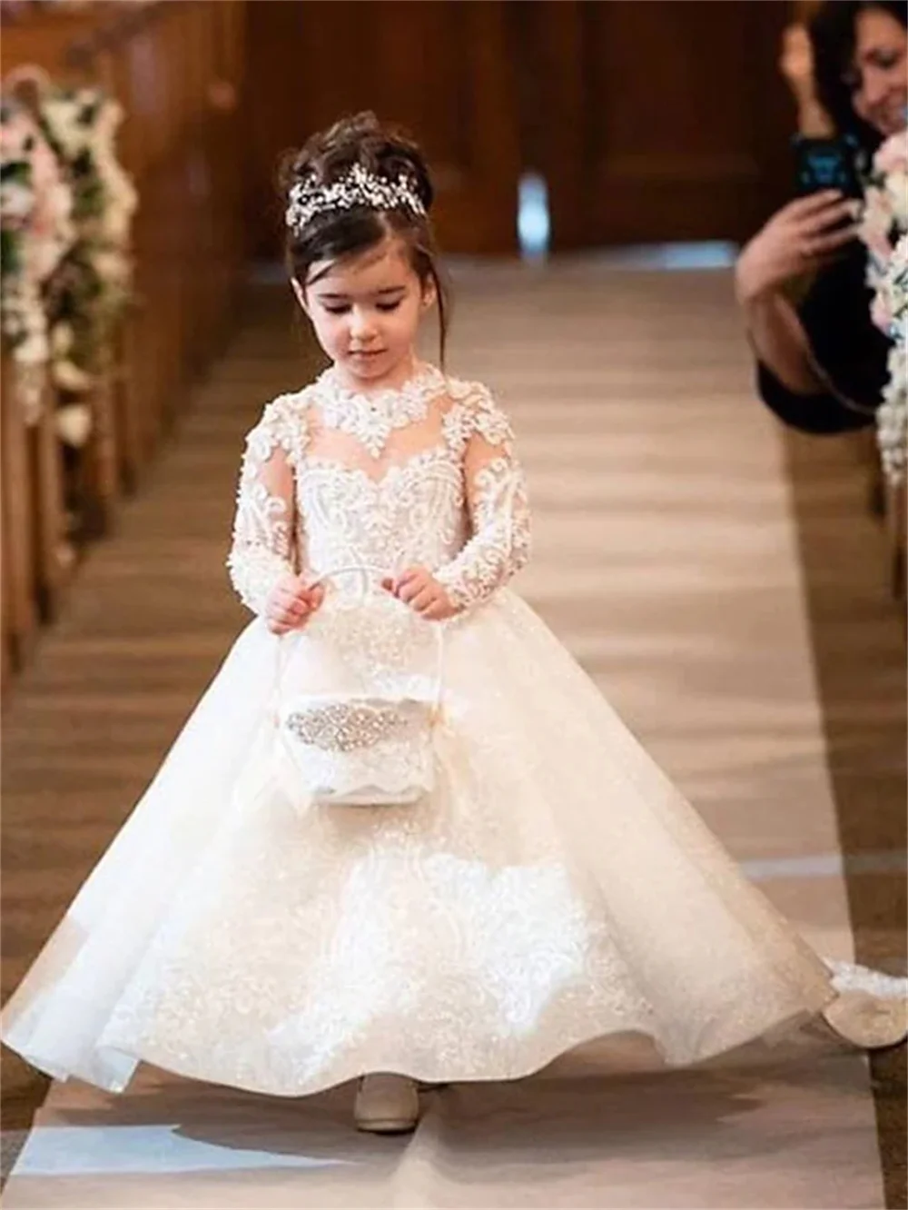 Vestidos de flores de princesa para niña, apliques de encaje de tul, mangas largas, precioso Collar de joyería brillante 2022/Primera Comunión