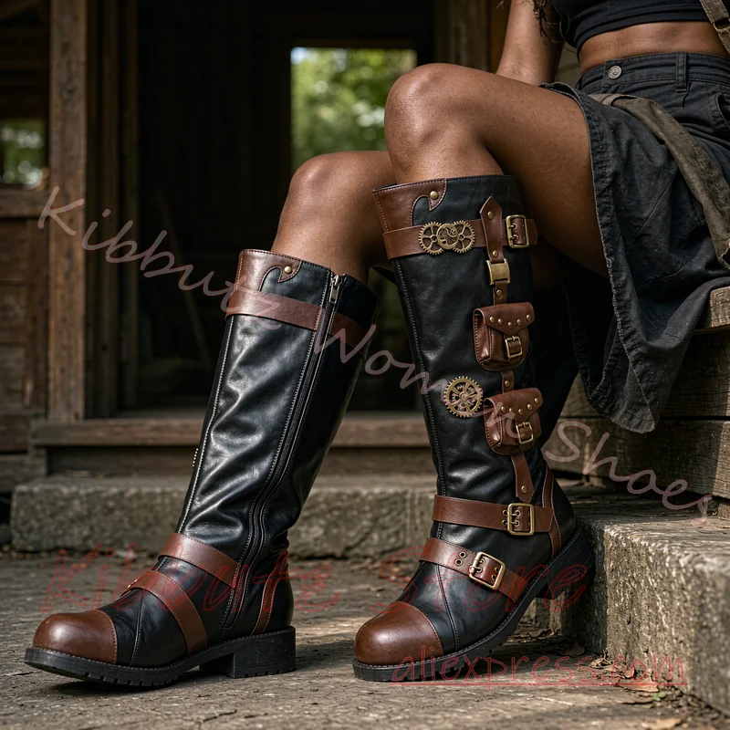 Steampunk Knee High Boots Gear Pocket Multi Buckle Side Zip Flat Sole Vintage Gothic Cosplay Renaissance Footwear Leather Sexy view 4