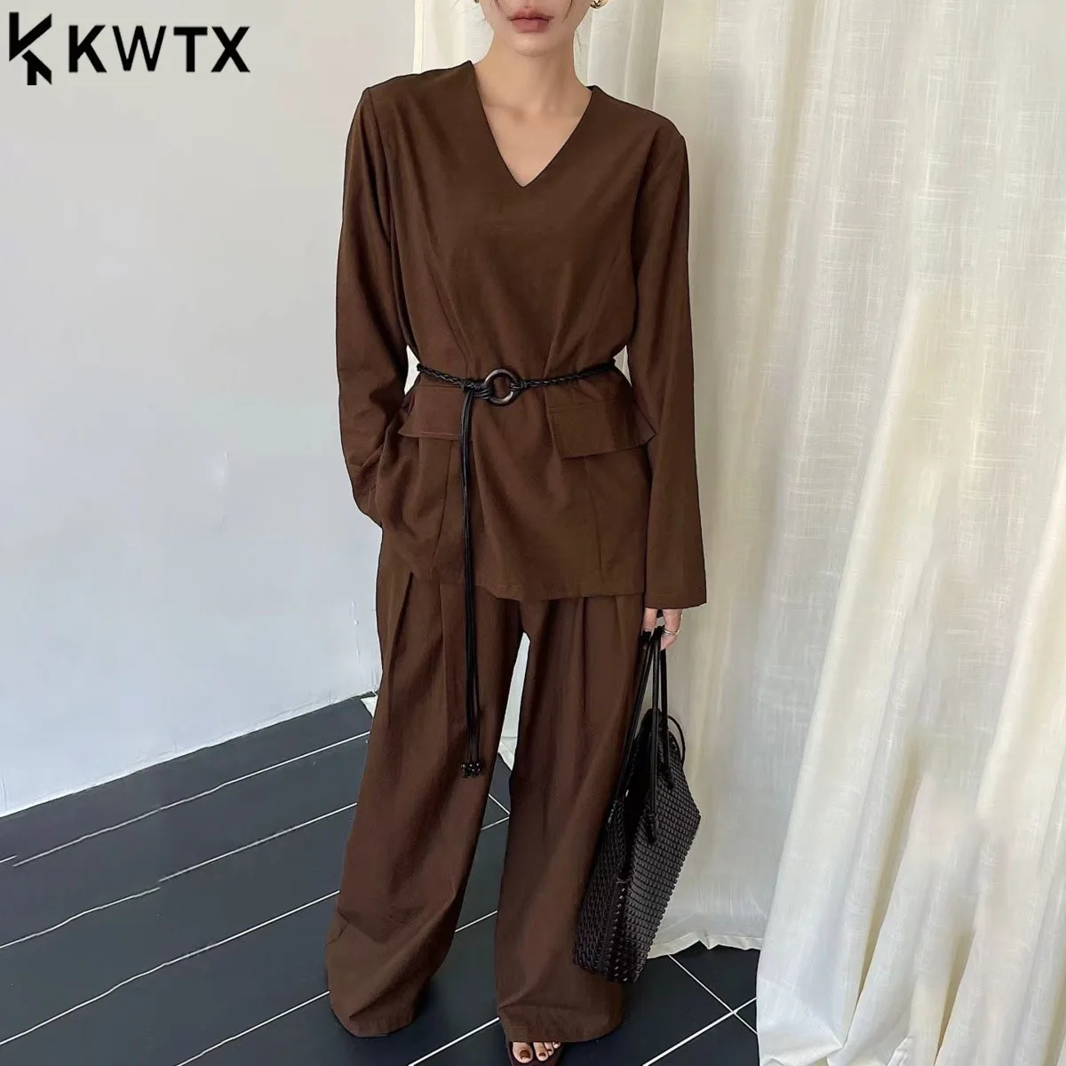 

KWTX комплект из 2 предметов, весна-лето, повседневный пуловер с v-образным вырезом, топ на шнурке, широкие брюки с высокой талией, однотонный, облегающий, элегантный, роскошное качество