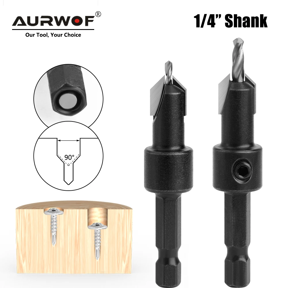 AURWOF 1pc 1/4 Hex Shank HSS Countersink Woodworking Router Bit Set Milling Cutter Screw Extractor Remon Demolition CH339D