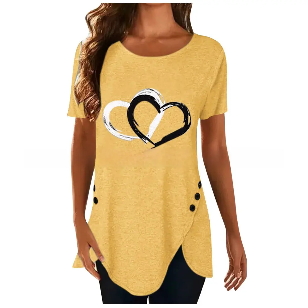 

Eaby Women's Love Print Irregular Short Sleeve T-Shirt Spring Summer Fashion Top in Stock