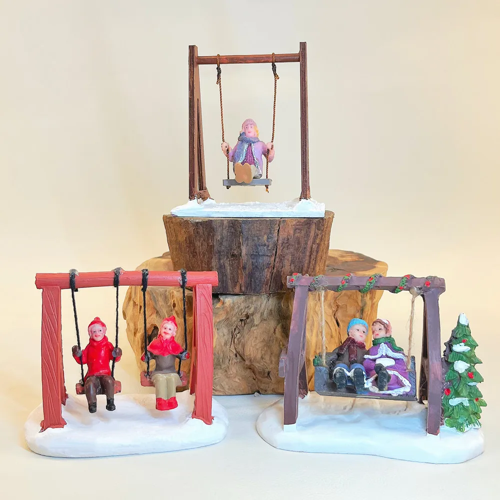 Christmas Village Swing Figurine, Resin Miniature Winter Scene Decor, Movable Swing Christmas Accessory